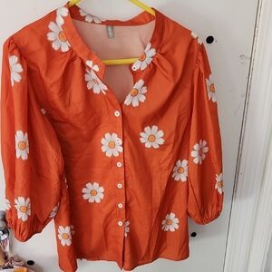 Vibrant Orange Daisy Print Blouse